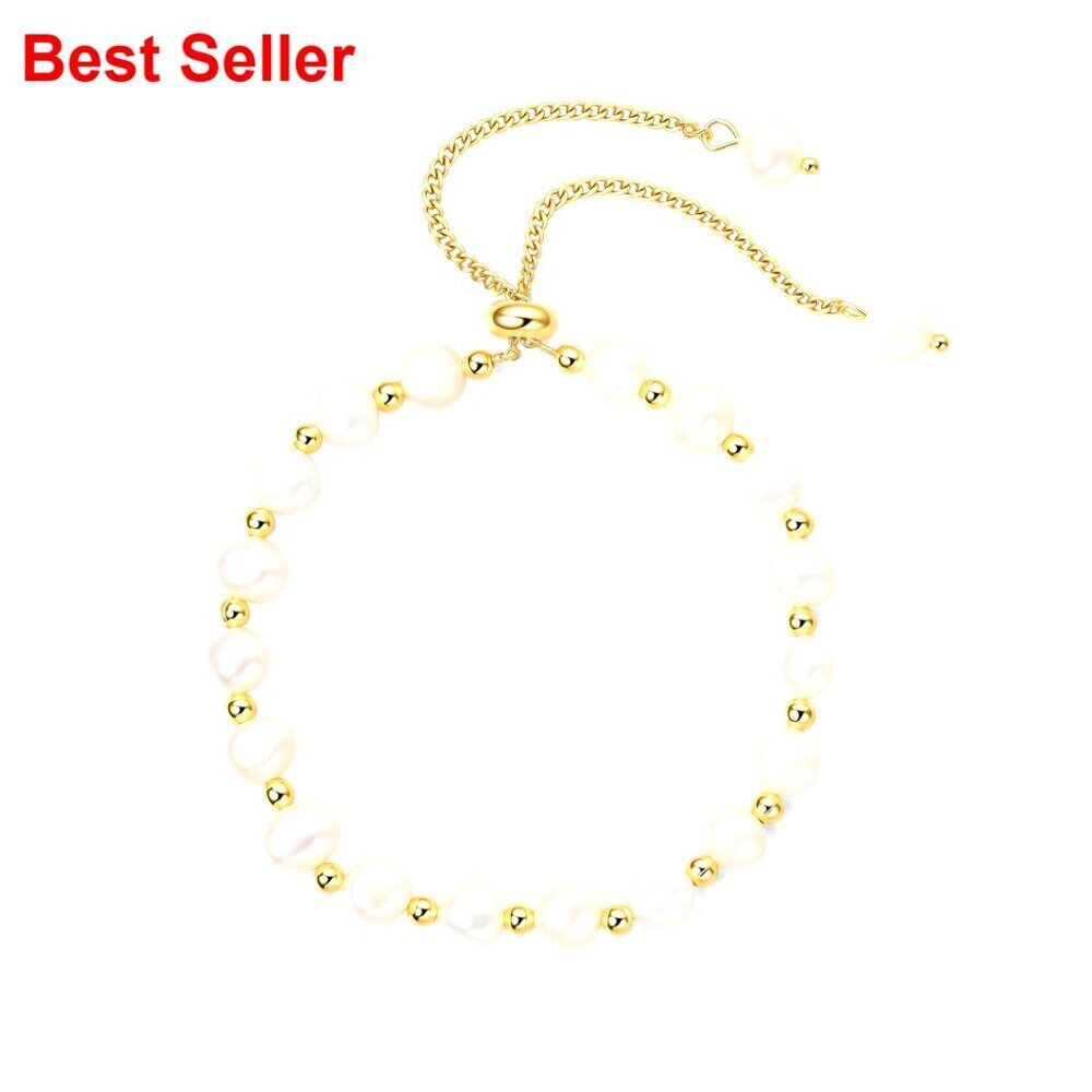 18K Gold Plated Pearl Bracelet Adjustable Baroque Style Link Chain